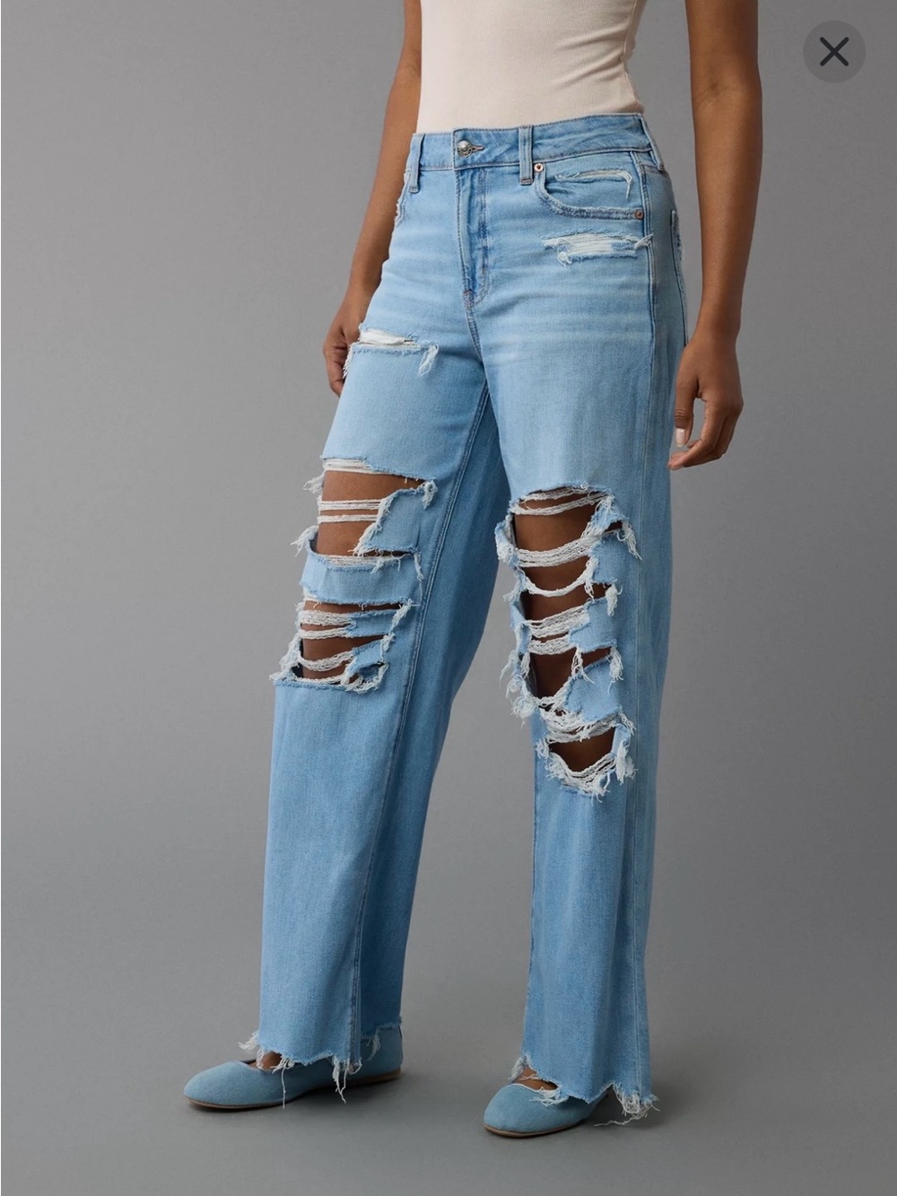 NWT AE Dreamy Drape Stretch Ripped Super High-Waisted Baggy Wide-Leg Jeans Sz 0